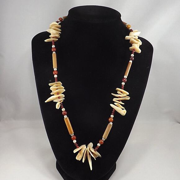 Vintage 1960s Shell Wood Beaded Necklace Boho Natural Beads 20" - Picture 1 of 10